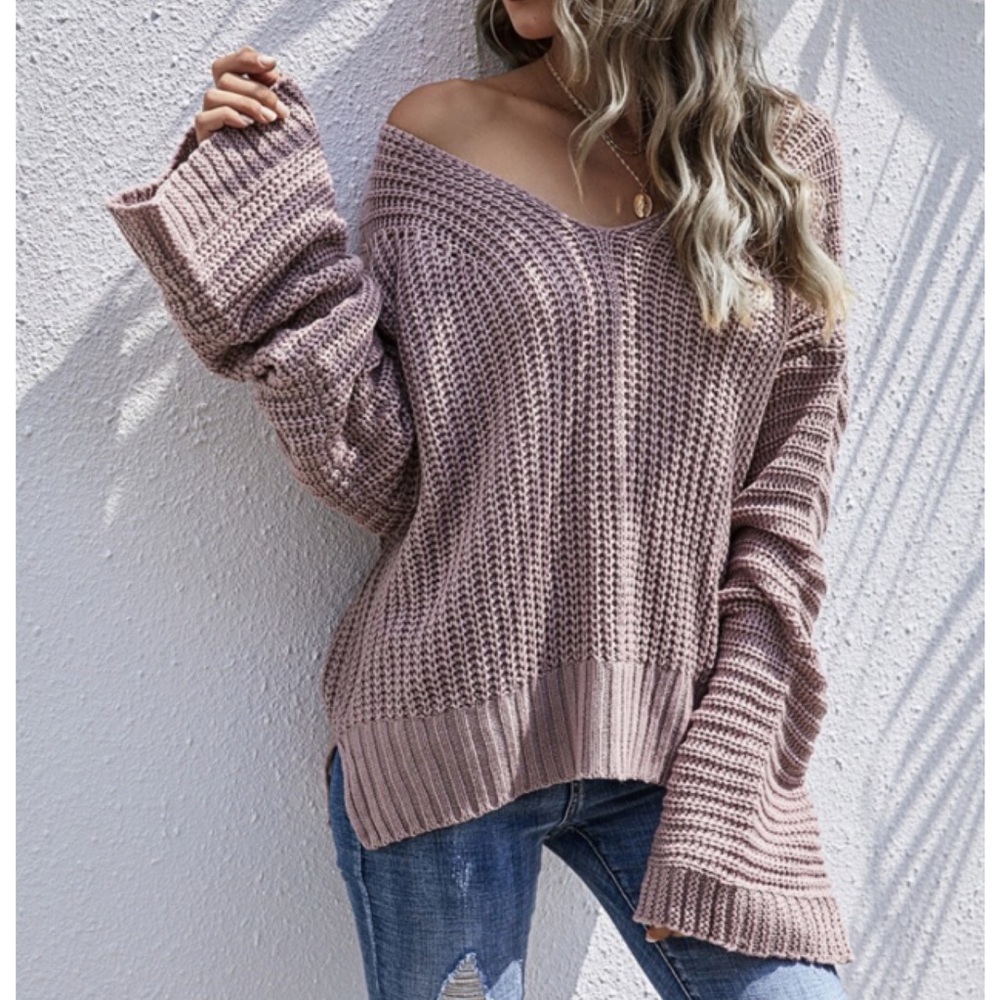 Dusty Pink Off Shoulder Oversized Knit Sweater - Picture 3 of 7